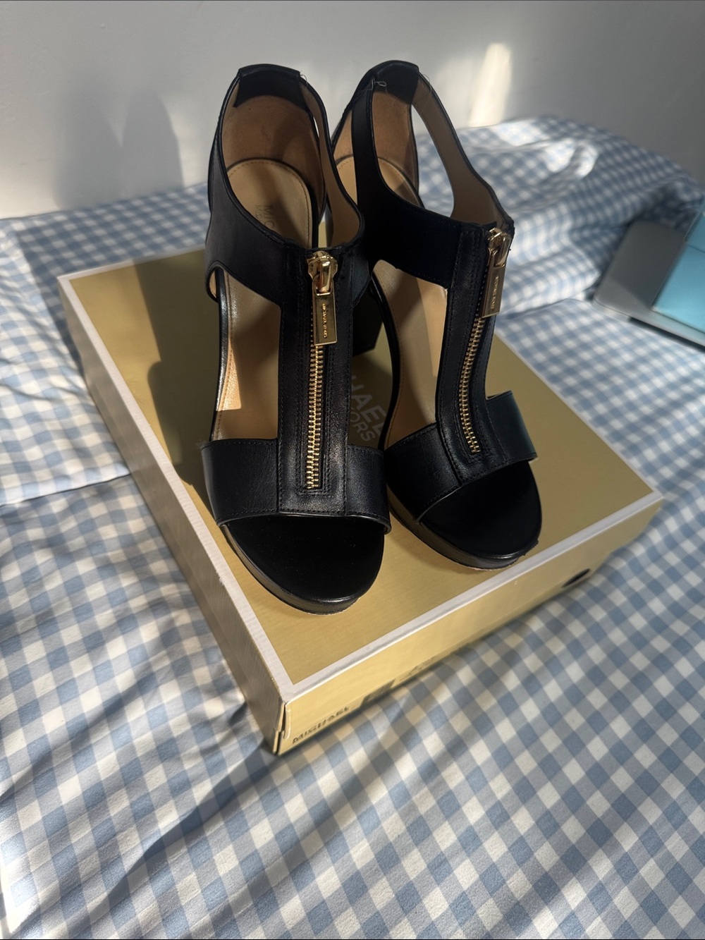 Michael Kors Black Leather Zip-Front Platform Heels - Picture 1 of 5